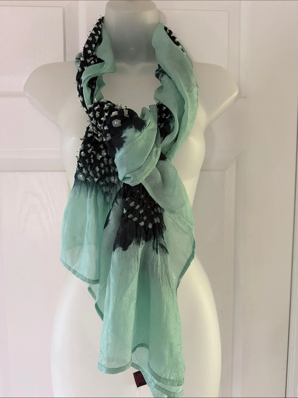 Asian Eye Mint Green & Navy Bandhani Tie-Dye Silk Scarf Handcrafted India